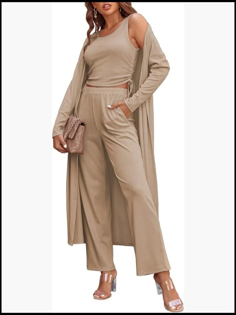 3 Piece Lounge Set Pajama Long Sleeve Cardigan Sleeveless Top Pants